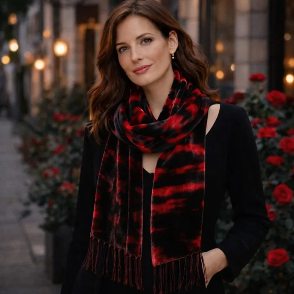 🖤 Crimson & Black Velvet Scarf – Silk Blend | Boutique Evening Luxe
